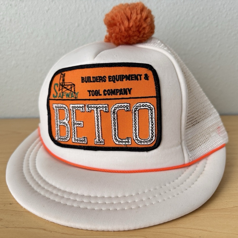 Vintage BETCO Builders Equipment Tool Co Trucker Hat White Orange Pom Pom Cap